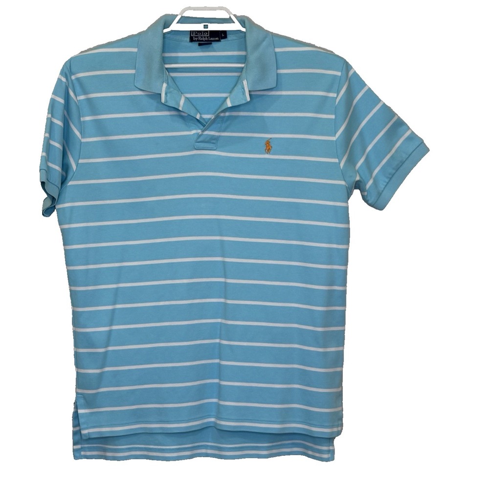 Polo Ralph Lauren Polo Shirt Mens Large Light Blue Stripe Short Sleeve Pony Logo